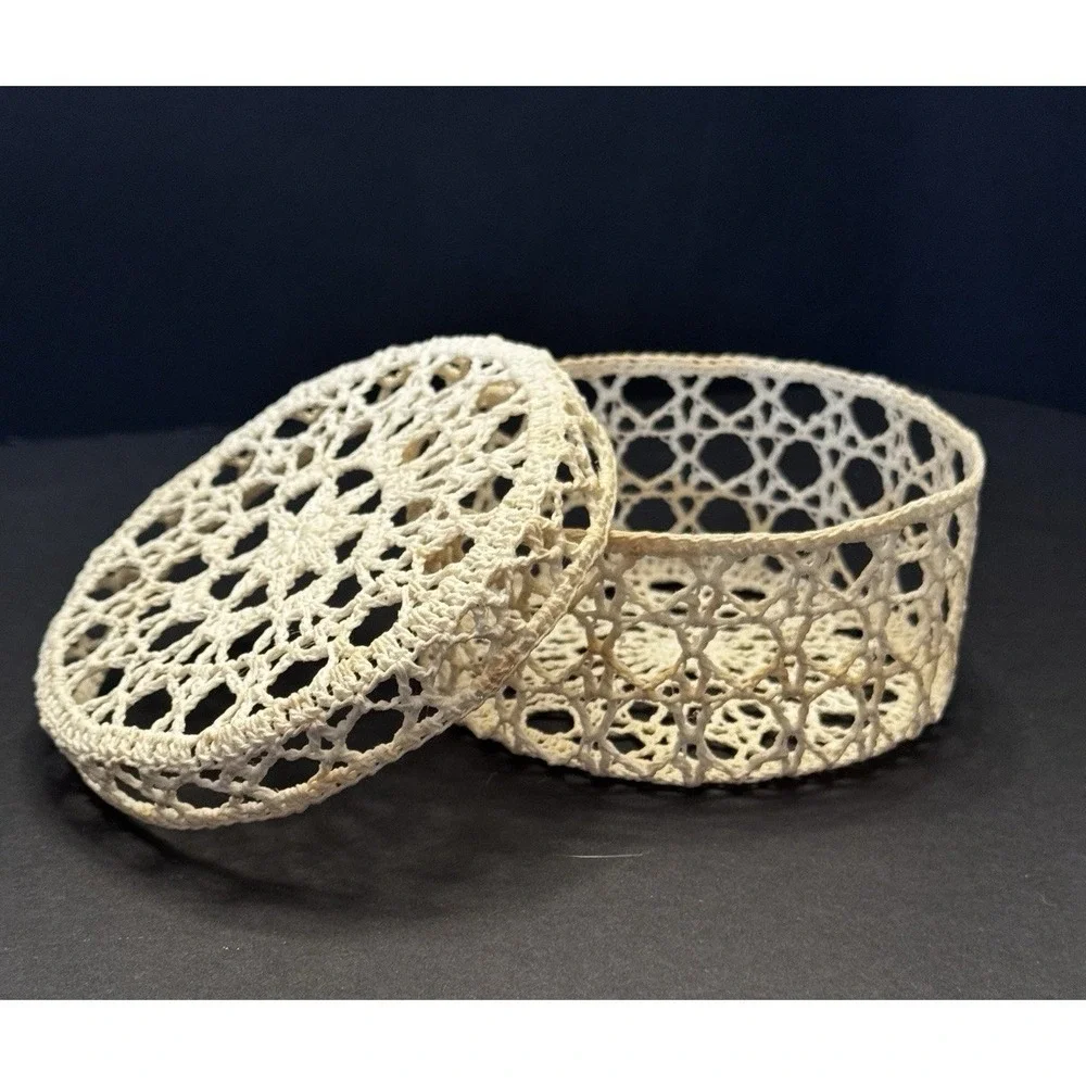 Vintage Crocheted Lidded Trinket Box Stiff Starched Cottagecore Boho Coastal